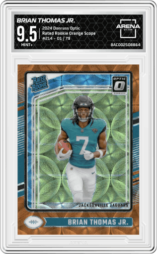 Brian Thomas Jr. from the 2024 Donruss Optic set featuring a Orange Scope parallel graded by Arena Club and given an overall grade of 9.5.