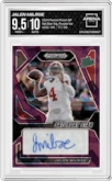 Jalen Milroe from the 2024 Panini Prizm Draft Picks set featuring a Purple Ice parallel graded by Arena Club and given an overall grade of 9.5.