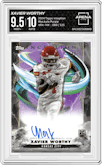 Xavier Worthy from the 2024 Topps Inception set featuring a Purple parallel graded by Arena Club and given an overall grade of 9.5.