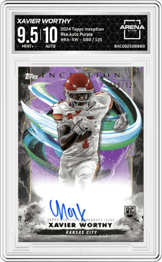 Xavier Worthy from the 2024 Topps Inception set featuring a Purple parallel graded by Arena Club and given an overall grade of 9.5.
