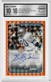 Billy Sims from the 2024 Topps Chrome set featuring a Orange Geometric Refractor parallel graded by Arena Club and given an overall grade of 10.