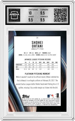 Shohei Ohtani from the 2018 Bowman Platinum set graded by Arena Club and given an overall grade of 10.