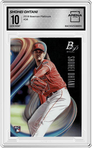 Shohei Ohtani from the 2018 Bowman Platinum set graded by Arena Club and given an overall grade of 10.