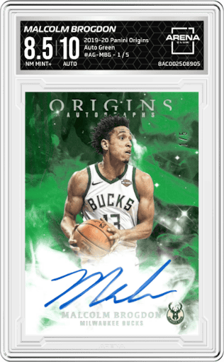 Malcolm Brogdon from the 2019-20 Panini Origins set featuring a Green parallel graded by Arena Club and given an overall grade of 8.5.