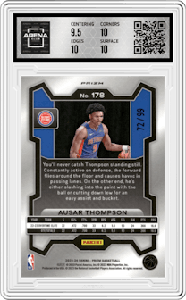 Ausar Thompson from the 2023-24 Panini Prizm set featuring a Blue Seismic parallel graded by Arena Club and given an overall grade of 10.