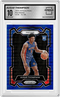Ausar Thompson from the 2023-24 Panini Prizm set featuring a Blue Seismic parallel graded by Arena Club and given an overall grade of 10.
