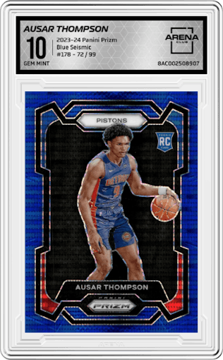 Ausar Thompson from the 2023-24 Panini Prizm set featuring a Blue Seismic parallel graded by Arena Club and given an overall grade of 10.