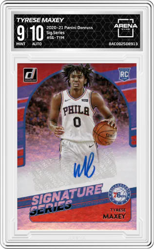 Tyrese Maxey from the 2020-21 Panini Donruss set graded by Arena Club and given an overall grade of 9.