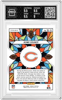 Rome Odunze from the 2024 Panini Mosaic set and given an overall grade of 9.5.