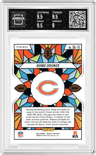Rome Odunze from the 2024 Panini Mosaic set graded by Arena Club and given an overall grade of 9.5.