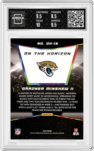 Gardner Minshew from the 2020 Panini On the Horizon Multi-Sport Panini Rewards set graded by Arena Club and given an overall grade of 9.