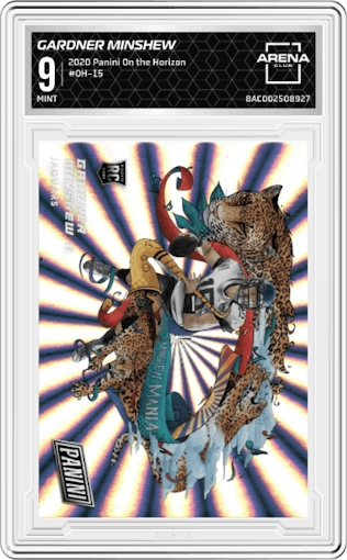 Gardner Minshew from the 2020 Panini On the Horizon Multi-Sport Panini Rewards set graded by Arena Club and given an overall grade of 9.