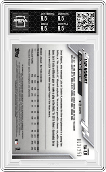 Luis Robert from the 2020 Topps Chrome set featuring a Purple Refractor parallel and given an overall grade of 9.5.