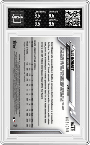 Luis Robert from the 2020 Topps Chrome set featuring a Purple Refractor parallel graded by Arena Club and given an overall grade of 9.5.