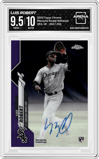 Luis Robert from the 2020 Topps Chrome set featuring a Purple Refractor parallel graded by Arena Club and given an overall grade of 9.5.
