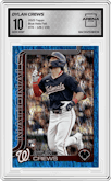 Dylan Crews from the 2025 Topps set featuring a Blue Holo Foil parallel graded by Arena Club and given an overall grade of 10.
