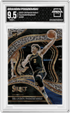 Brandin Podziemski from the 2023-24 Panini Select  set featuring a Elephant parallel graded by Arena Club and given an overall grade of 9.5.