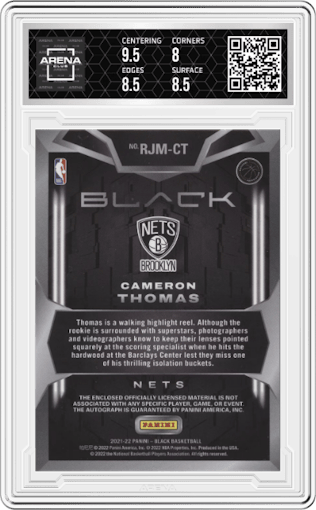 Cameron Thomas  from the 2021-22 Panini Black set graded by Arena Club and given an overall grade of 8.5.