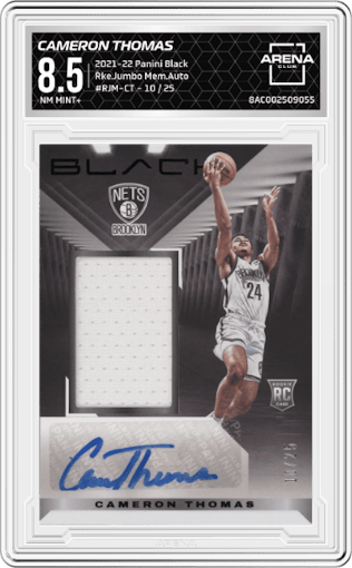 Cameron Thomas  from the 2021-22 Panini Black set graded by Arena Club and given an overall grade of 8.5.