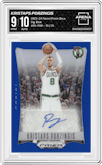 Kristaps Porzingis from the 2023-24 Panini Prizm Deca set featuring a Blue parallel graded by Arena Club and given an overall grade of 9.
