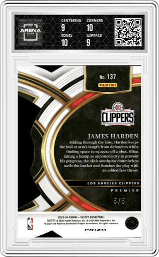 James Harden from the 2023-24 Panini Select  set featuring a Die-Cut Green Prizm parallel graded by Arena Club and given an overall grade of 9.5.