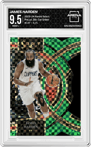 James Harden from the 2023-24 Panini Select  set featuring a Die-Cut Green Prizm parallel graded by Arena Club and given an overall grade of 9.5.
