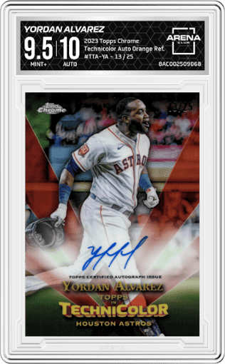 Yordan Alvarez from the 2023 Topps Chrome set featuring a Orange Refractor parallel graded by Arena Club and given an overall grade of 9.5.