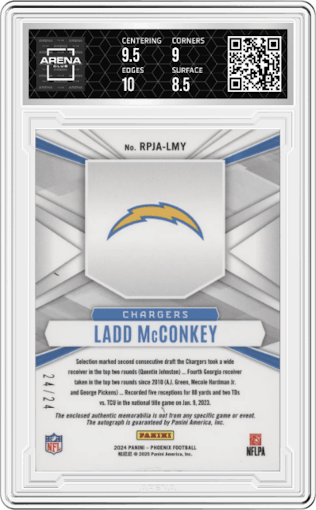 Ladd McConkey from the 2024 Panini Phoenix set featuring a ColorBurst parallel graded by Arena Club and given an overall grade of 9.