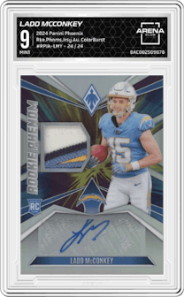 Ladd McConkey from the 2024 Panini Phoenix set featuring a ColorBurst parallel and given an overall grade of 9.