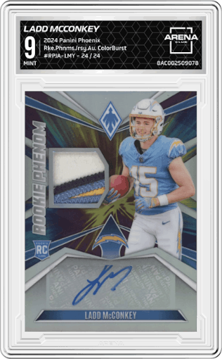 Ladd McConkey from the 2024 Panini Phoenix set featuring a ColorBurst parallel graded by Arena Club and given an overall grade of 9.