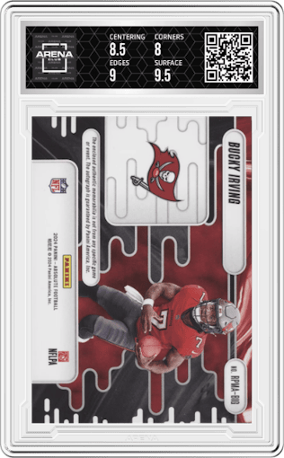 Bucky Irving from the 2024 Panini Absolute set featuring a Spectrum parallel graded by Arena Club and given an overall grade of 8.5.