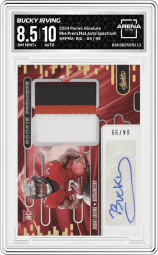 Bucky Irving from the 2024 Panini Absolute set featuring a Spectrum parallel graded by Arena Club and given an overall grade of 8.5.