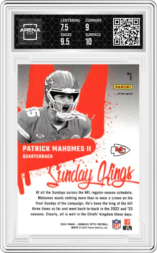 Patrick Mahomes II from the 2024 Donruss Optic set graded by Arena Club and given an overall grade of 8.