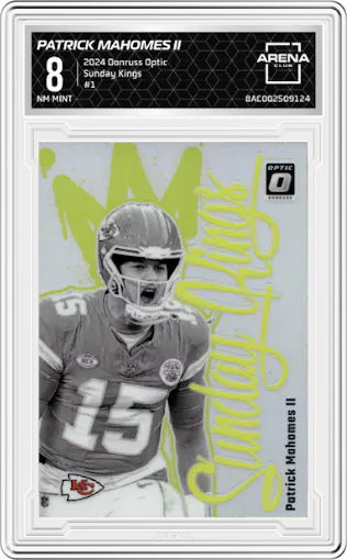 Patrick Mahomes II from the 2024 Donruss Optic set graded by Arena Club and given an overall grade of 8.