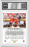 Patrick Mahomes II from the 2024 Panini Prizm Deca set featuring a Purple parallel graded by Arena Club and given an overall grade of 10.