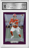 Patrick Mahomes II from the 2024 Panini Prizm Deca set featuring a Purple parallel graded by Arena Club and given an overall grade of 10.