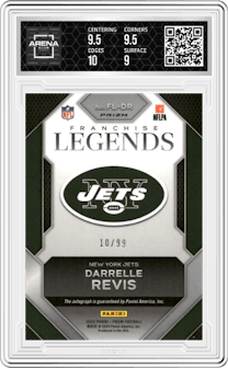 Darrelle Revis from the 2023 Panini Prizm set featuring a Blue Ice parallel and given an overall grade of 9.5.