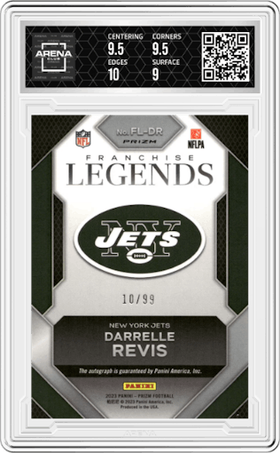 Darrelle Revis from the 2023 Panini Prizm set featuring a Blue Ice parallel graded by Arena Club and given an overall grade of 9.5.