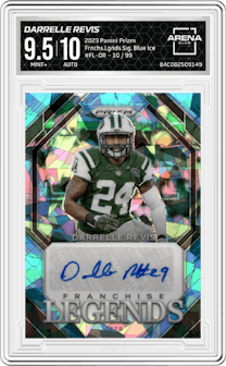 Darrelle Revis from the 2023 Panini Prizm set featuring a Blue Ice parallel and given an overall grade of 9.5.
