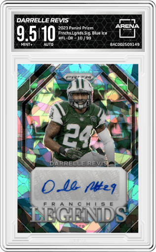 Darrelle Revis from the 2023 Panini Prizm set featuring a Blue Ice parallel graded by Arena Club and given an overall grade of 9.5.