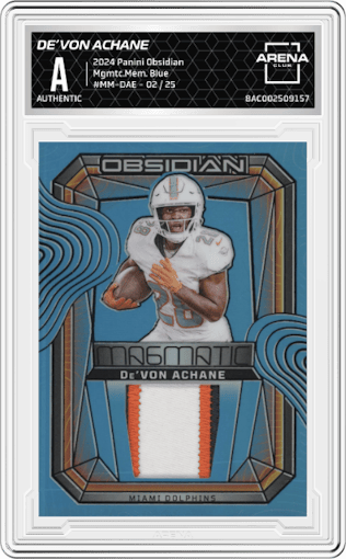 De’Von Achane from the 2024 Panini Obsidian set featuring a Blue parallel graded by Arena Club.