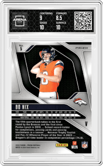 Bo Nix from the 2024 Panini Prizm set featuring a No Huddle parallel and given an overall grade of 9.