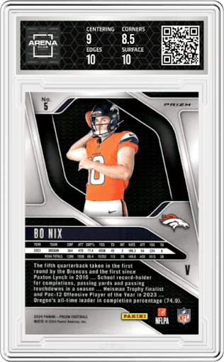 Bo Nix from the 2024 Panini Prizm set featuring a No Huddle parallel graded by Arena Club and given an overall grade of 9.