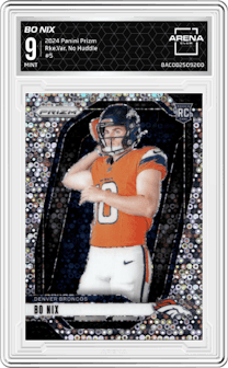 Bo Nix from the 2024 Panini Prizm set featuring a No Huddle parallel and given an overall grade of 9.