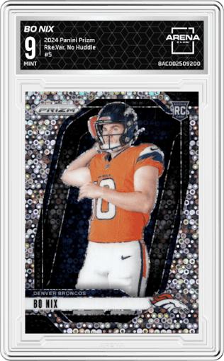Bo Nix from the 2024 Panini Prizm set featuring a No Huddle parallel graded by Arena Club and given an overall grade of 9.