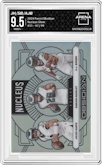 Jalen Hurts/Saquon Barkley/A.J. Brown from the 2024 Panini Obsidian set featuring a Silver parallel graded by Arena Club and given an overall grade of 9.5.