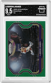 LeBron James from the 2020-21 Panini Prizm set featuring a Green Prizm parallel graded by Arena Club and given an overall grade of 9.5.
