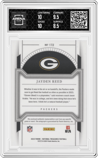 Jayden Reed from the 2023 Panini National Treasures set featuring a Holo Silver  parallel graded by Arena Club and given an overall grade of 9.