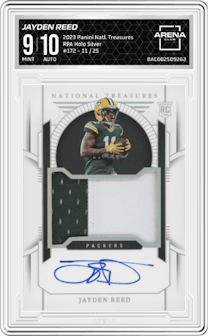 Jayden Reed from the 2023 Panini National Treasures set featuring a Holo Silver  parallel graded by Arena Club and given an overall grade of 9.