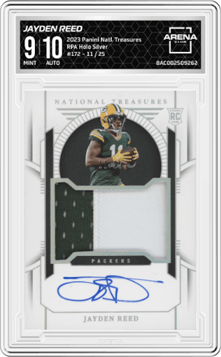 Jayden Reed from the 2023 Panini National Treasures set featuring a Holo Silver  parallel graded by Arena Club and given an overall grade of 9.